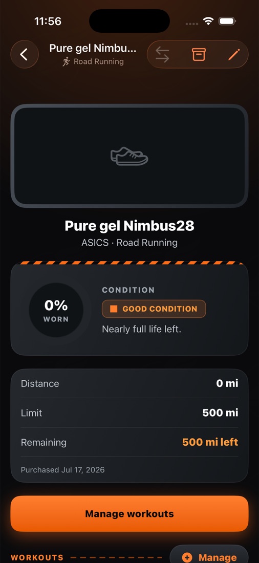 Tread Tracker shoe detail screen showing condition, distance, limit and miles remaining